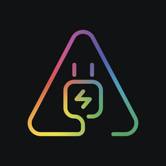 Poster - Electric power plug in warning triangle. Simple linear icon with thin outline. One line style. Rainbow color and dark background