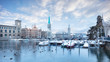 Old Zurich town in winter, view on lake