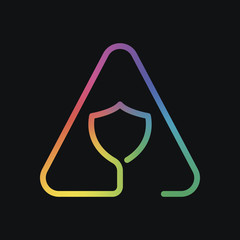 Poster - Shield in warning triangle. Problem with protect. Linear icon with thin outline. One line style. Rainbow color and dark background