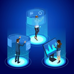 Poster - isometrics of a modern businessman and business lady work with gadgets, virtual screen management. i