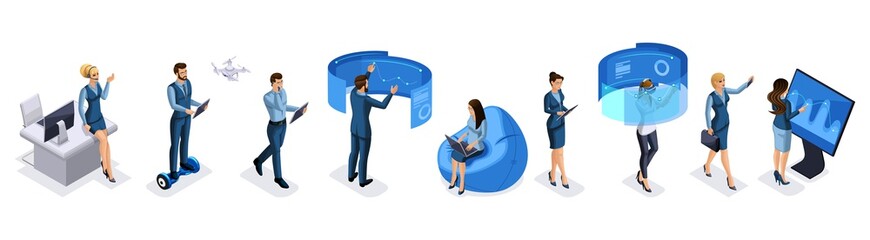 Poster - Isometric set of modern businessmen and business ladies with gadgets, smartphone, tablet, video shooting, laptop, drone quadrocopter, vector illustration