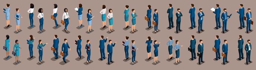 Poster - Isometric large set of businessmen and business woman, front view and rear view, vintage background vector illustration