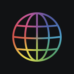 Poster - Simple globe icon. Linear, thin outline. Rainbow color and dark background
