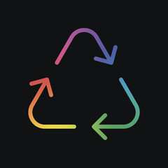 Poster - Recycle or reuse icon. Thin arrows, linear style. Rainbow color and dark background