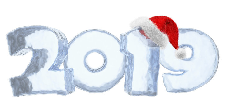 New Year blue ice text 2019 with red hat