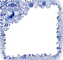 Blue Pattern With A Bird And Flowers On A White Background In The Style Of Oriental Porcelain Painting. Square Frame With Corner Element.