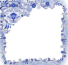 Blue Floral Pattern With Flowers On A White Background In The Style Of National Porcelain Painting. Square Frame With Corner Element.