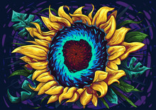 Sunflower Vector With Monstera Leafs In Rich сolor Palette. Gogh Inspiration Green, Teal, Gold, Creative Bouquet Of Picturesque