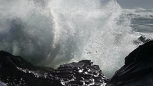 Extreme Wave Crushing Coast , Large Ocean Beautiful Wave, Awesome Power Of Waves Breaking Over Dangerous Rocks 

