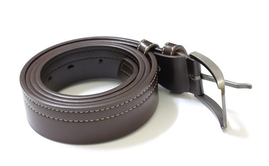 Black leather belt isolated on white background, copy space.