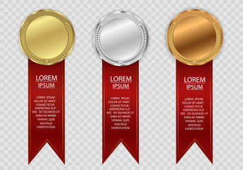 set of gold, bronze and silver. winner award competition, prize medal and banner for text. award med