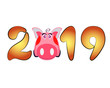 Greeting card with the image of a cartoon pink pig, the symbol of the Chinese New Year, on an isolated background