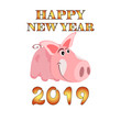 Greeting card with the image of a cartoon pink pig, the symbol of the Chinese New Year, on an isolated background