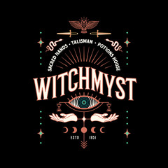 vector vintage logo, label, poster design. mystical celestial illustration with owl, hands, eye, sna
