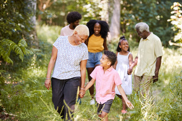 Wall Mural - Senior black woman walking with grandson and family in woods