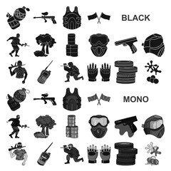 Poster - Paintball, team game black icons in set collection for design. Equipment and outfit vector symbol stock web illustration.