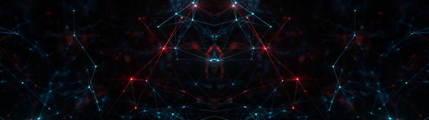 Poster - abstract ultra wide plexus structure of many glowing lines and particles. orange blurred background 