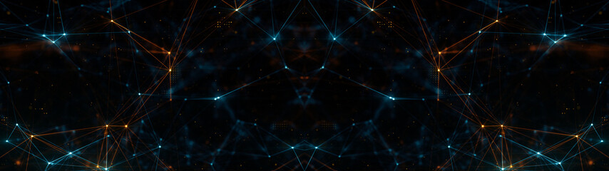 Fototapete - Abstract ultra wide plexus structure of many glowing lines and particles. Orange blurred background with digital composition and optical flares. 3d rendering