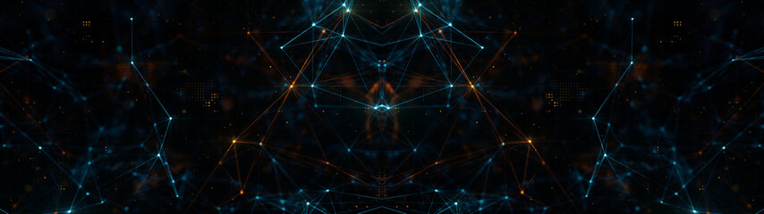 Poster - abstract ultra wide plexus structure of many glowing lines and particles. orange blurred background 