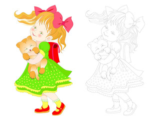 Wall Mural - Fantasy illustration of cute little girl going to school with kitten. Colorful and black and white page for coloring book. Worksheet for children and adults. Vector cartoon image.