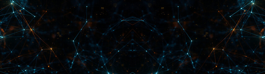 Fototapete - Abstract ultra wide plexus structure of many glowing lines and particles. Orange blurred background with digital composition and optical flares. 3d rendering