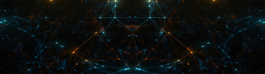 Fototapete - Abstract ultra wide plexus structure of many glowing lines and particles. Orange blurred background with digital composition and optical flares. 3d rendering