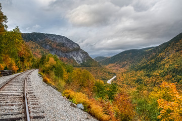 Crawford notch state park and valley in the White mountains forest reserve at Fall with colorful foliage. New Hampshire, USA