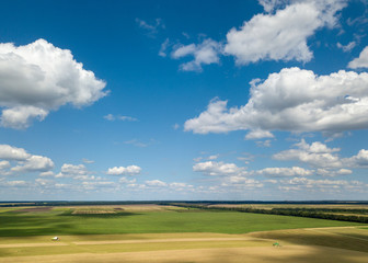 Poster - Panoramic view from the drone of beautiful landscape of agricultural fields with harvesting on the background of the blue cloudy sky at sunset.