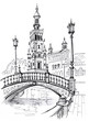 Plaza of Spain in Seville. Travel sketch.  Andalusia, Spain, Europe. Handdrawn book illustration, touristic postcard or poster.