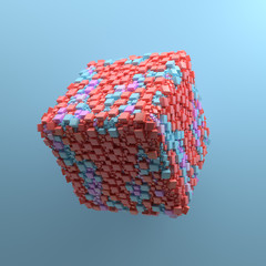 Poster - 3d render abstract background with simple geometry made of square primitives. Pop and trendy vibrant colors of random elements that fill base shape.