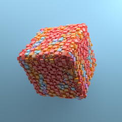 Poster - 3d render abstract background with simple geometry made of square primitives. Pop and trendy vibrant colors of random elements that fill base shape.