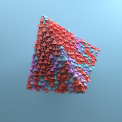 Poster - 3d render abstract background with simple geometry made of pyramid primitives. Pop and trendy vibrant colors of random elements that fill base shape.