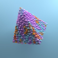 Poster - 3d render abstract background with simple geometry made of pyramid primitives. Pop and trendy vibrant colors of random elements that fill base shape.