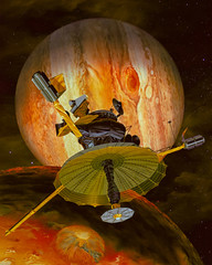 Wall Mural - the spacecraft above jupiter planet and moon, with galaxy stars background. sci-fi collage. elements