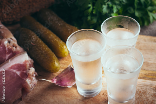 Fotomural Russian drunkenness - vodka and snack - lard, garlic, bread