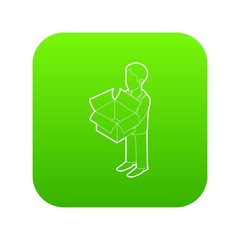 Sticker - Businessman holding an outline box icon green vector isolated on white background