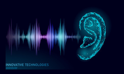 sound recognition voice assistant low poly. wireframe mesh polygonal 3d render ear sound radio wave 
