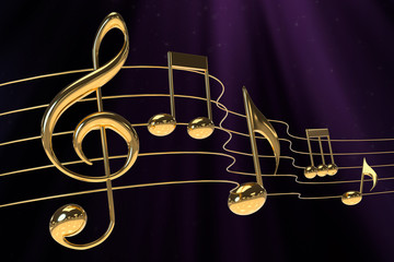 Abstract 3D illustration music purple background with gold notes symbol