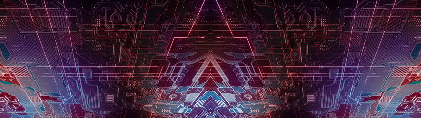 Poster - digital electronic circuit board. abstract ultra wide structure of many glowing lines and geometric 