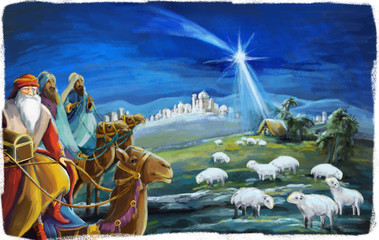 The illustration of the holy family and three kings -  traditional scene - illustration for the children