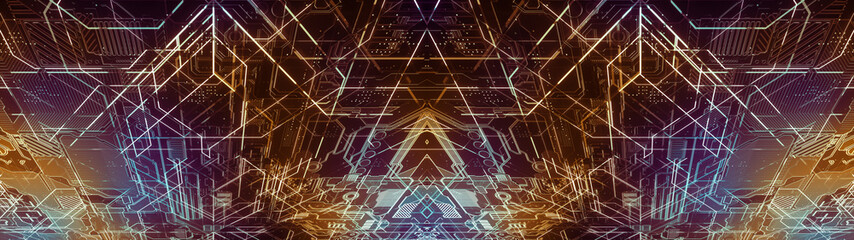 Poster - digital electronic circuit board. abstract ultra wide structure of many glowing lines and geometric 