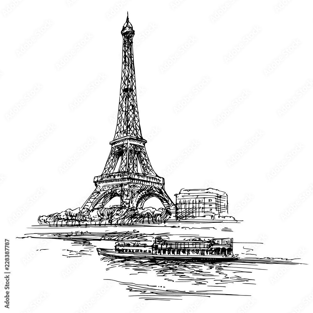Eiffel tower. Paris, France. Hand drawn illustration. - obrazy, fototapety, plakaty 