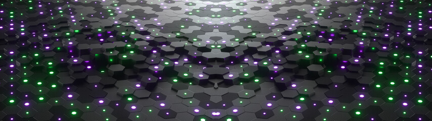 Poster - Abstract hexagonal geometric ultra wide background. Structure of lots of hexagons of carbon fiber with small glowing hexagons above. Dark and luminous geometric elements. 3d rendering