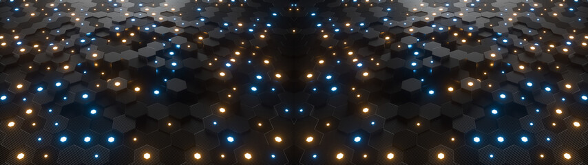 Poster - Abstract hexagonal geometric ultra wide background. Structure of lots of hexagons of carbon fiber with small glowing hexagons above. Dark and luminous geometric elements. 3d rendering