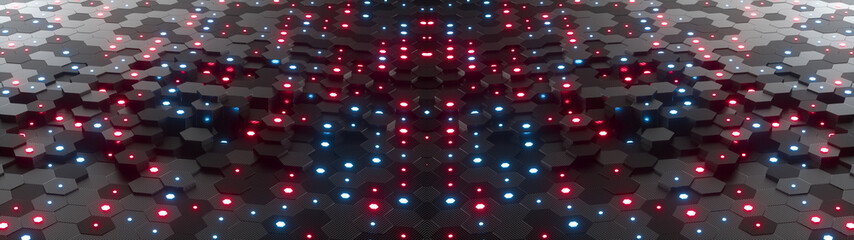 Poster - abstract hexagonal geometric ultra wide background. structure of lots of hexagons of carbon fiber wi