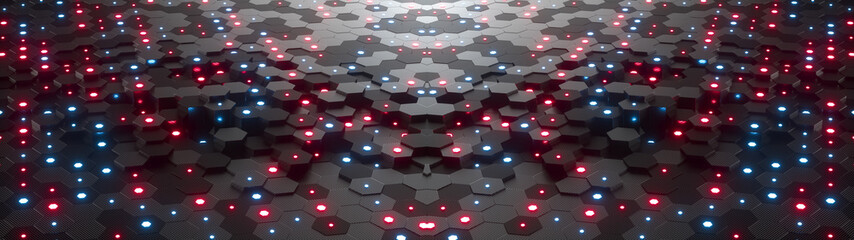 Poster - abstract hexagonal geometric ultra wide background. structure of lots of hexagons of carbon fiber wi