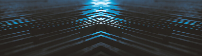 Fototapete - Geometric ultra wide background made of many metal walls with glowing light above and depth of field effect. Abstract industrial blurred maze structure. 3D rendering