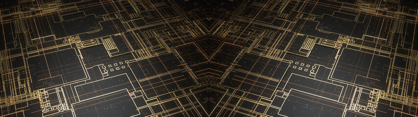 Poster - digital electronic circuit board. abstract structure of many glowing lines and geometric elements. c