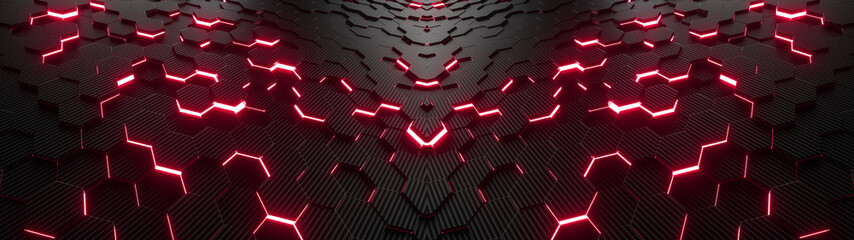 Fototapete - Abstract hexagonal geometric ultra wide background. Structure of lots of hexagons of carbon fiber with bright energy light breaking through the cracks. 3d rendering