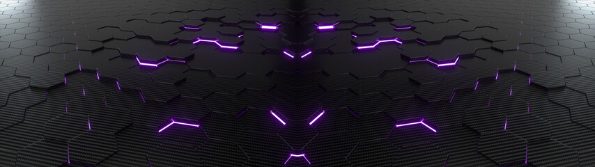 Fototapete - Abstract hexagonal geometric ultra wide background. Structure of lots of hexagons of carbon fiber with bright energy light breaking through the cracks. 3d rendering
